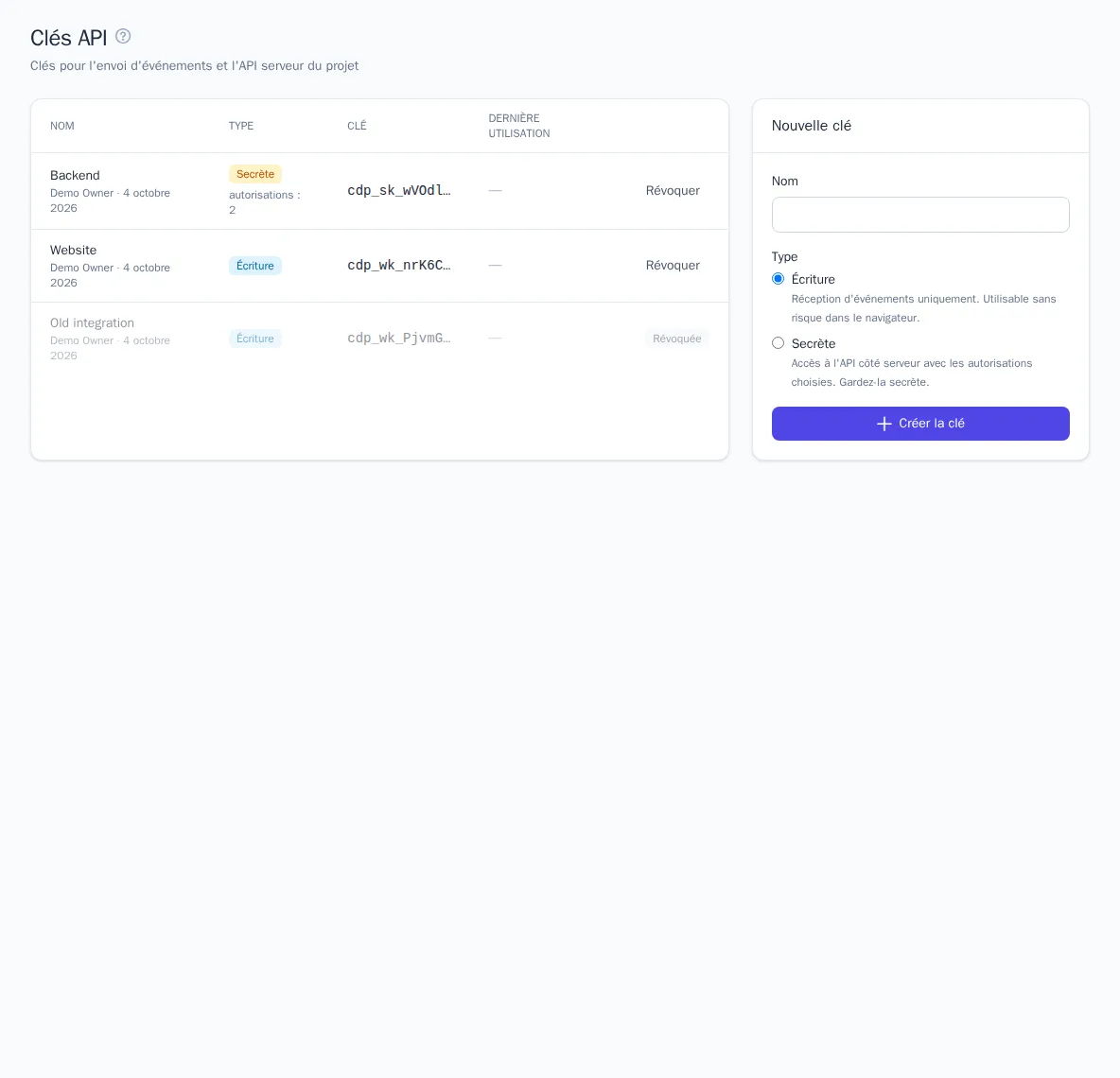 Liste des clés API