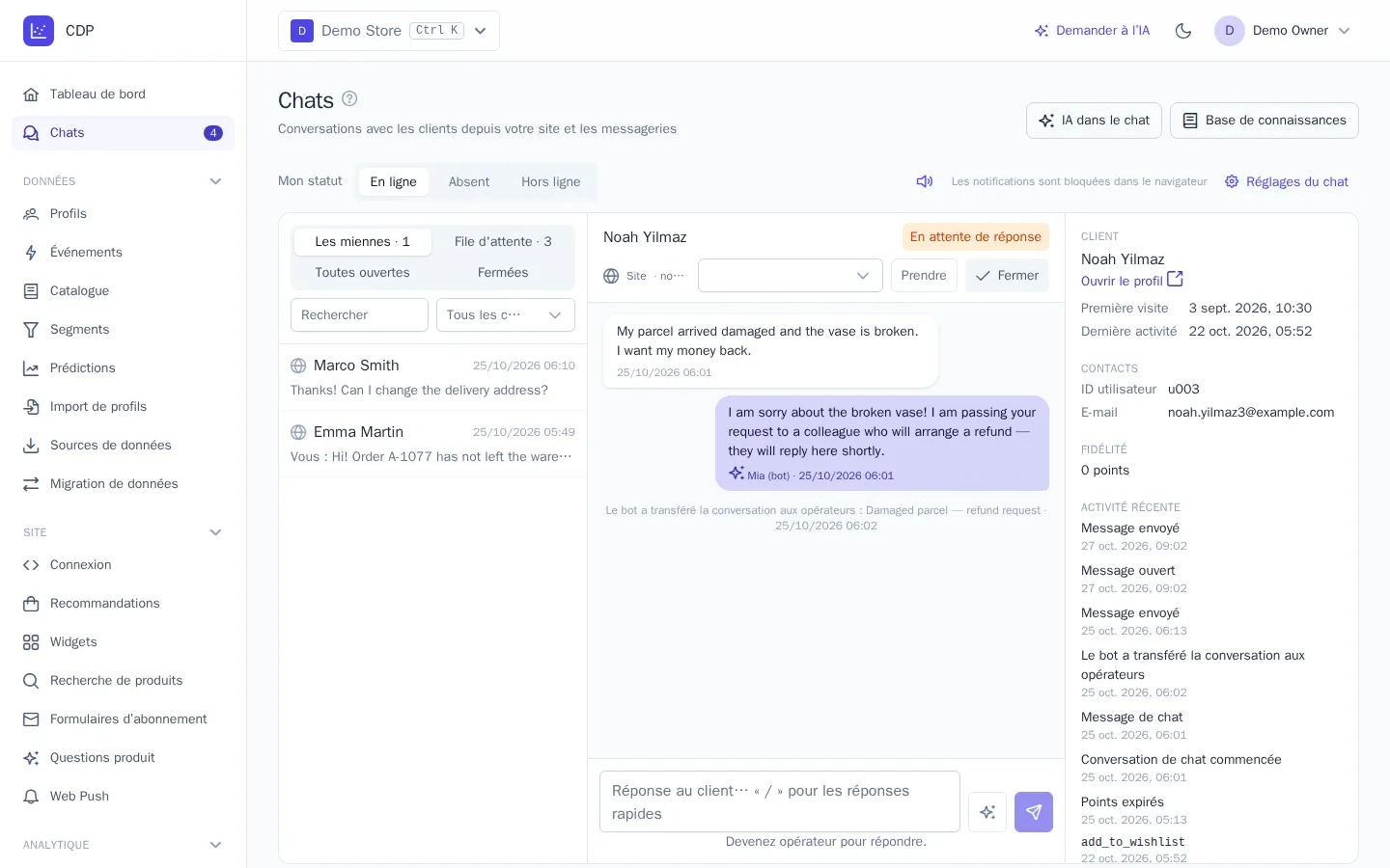 Le bot a transféré la conversation à un opérateur