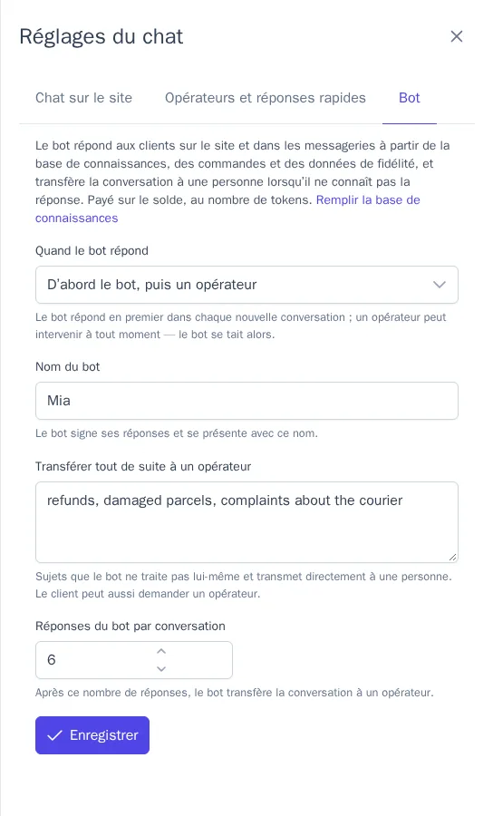 Réglages du bot