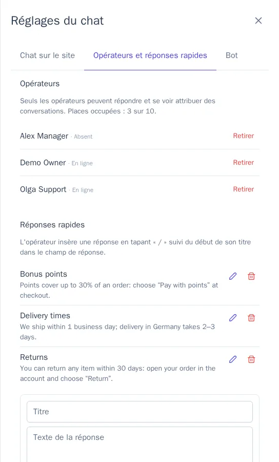 Opérateurs et réponses rapides