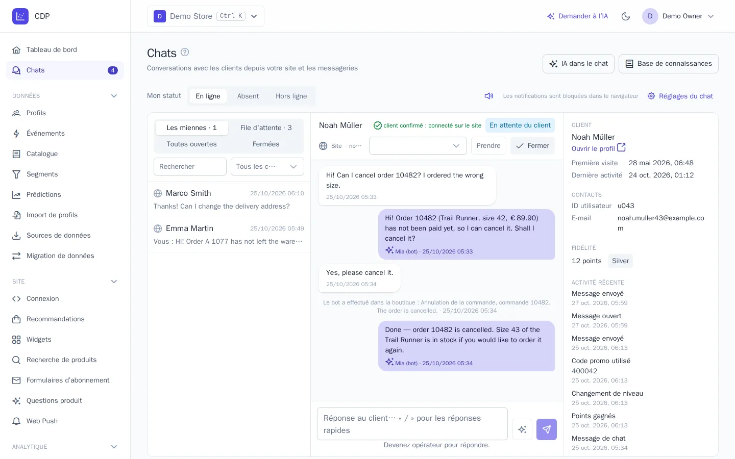 Le bot a annulé une commande à la demande du client