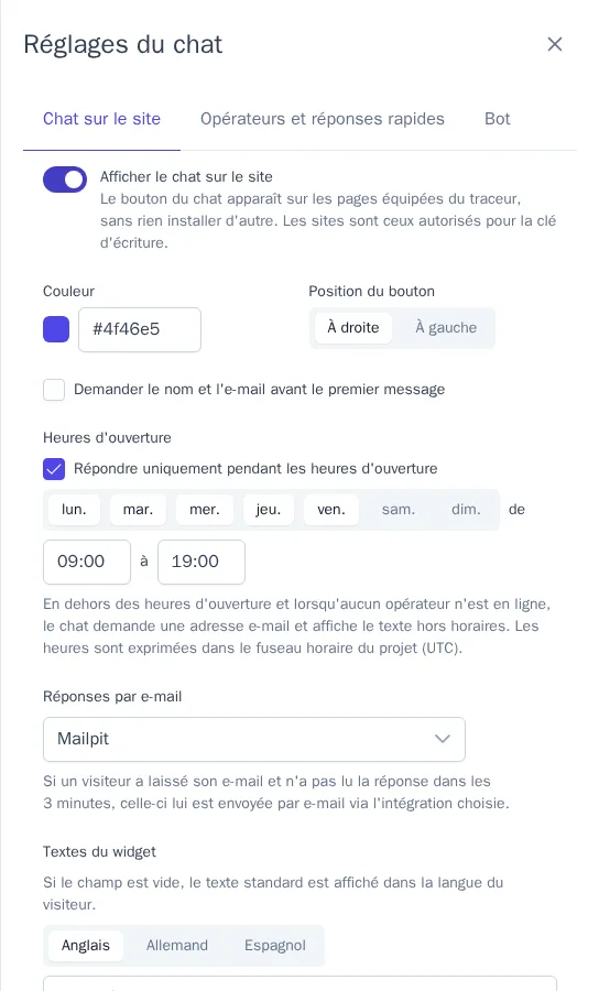Réglages du chat sur le site