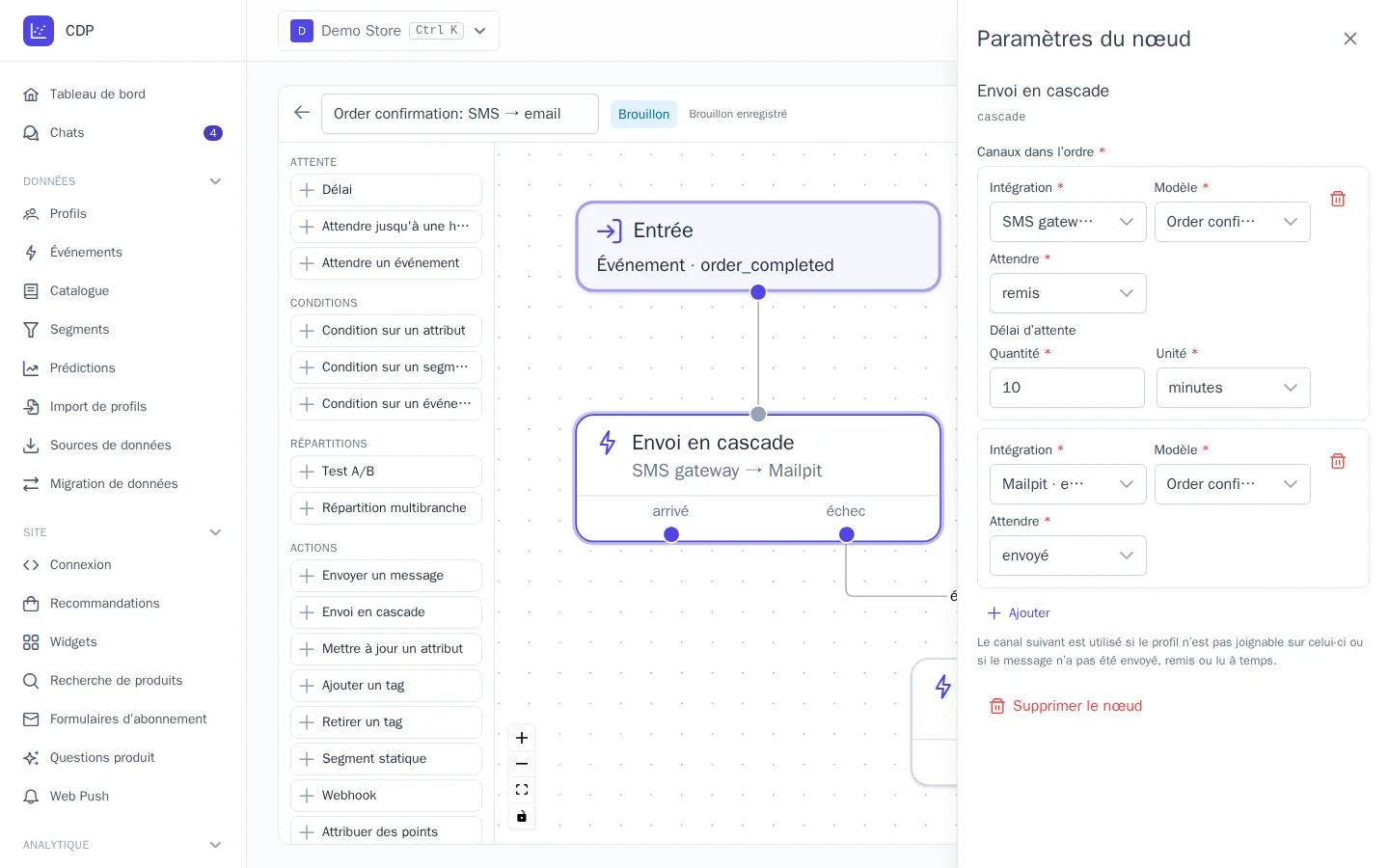 Paramètres du nœud « Envoi en cascade » : SMS, puis un e-mail s'il n'est pas remis en 10 minutes
