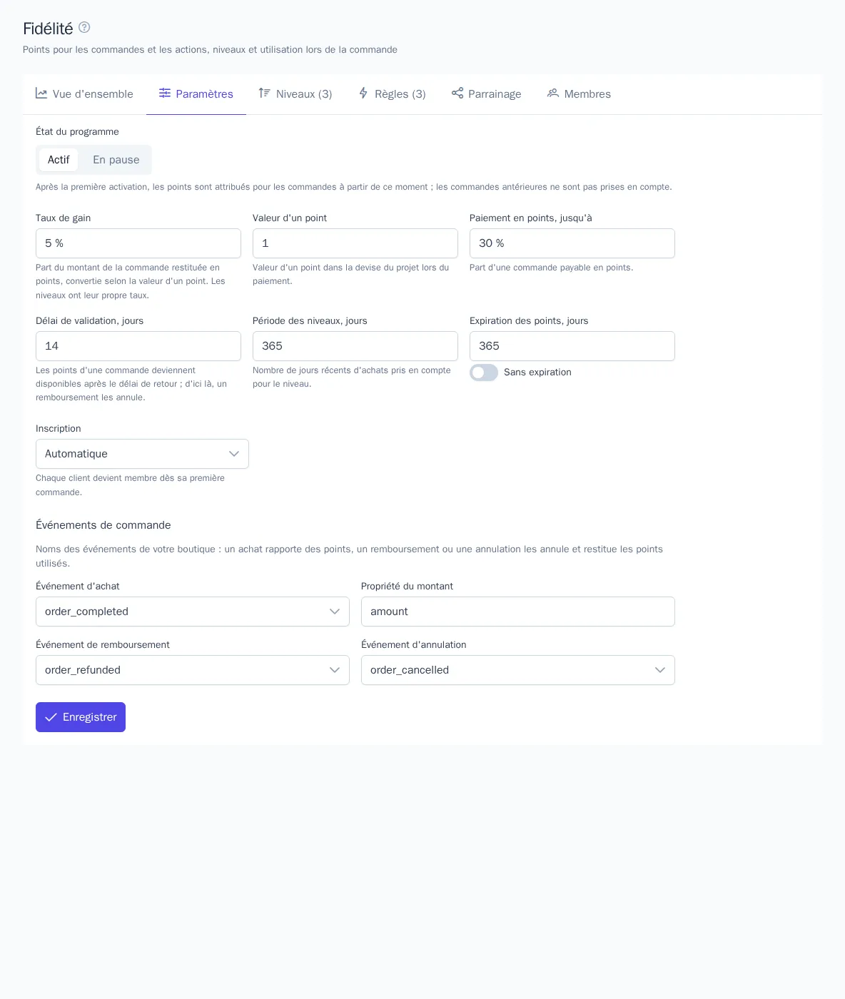 Paramètres du programme de fidélité