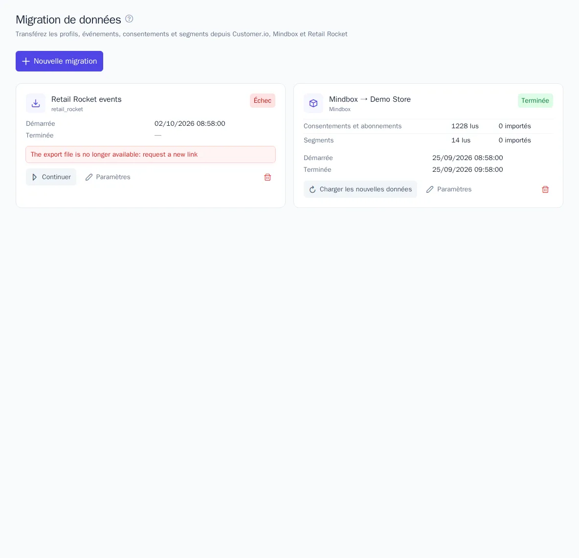 Fiche de migration avec la progression