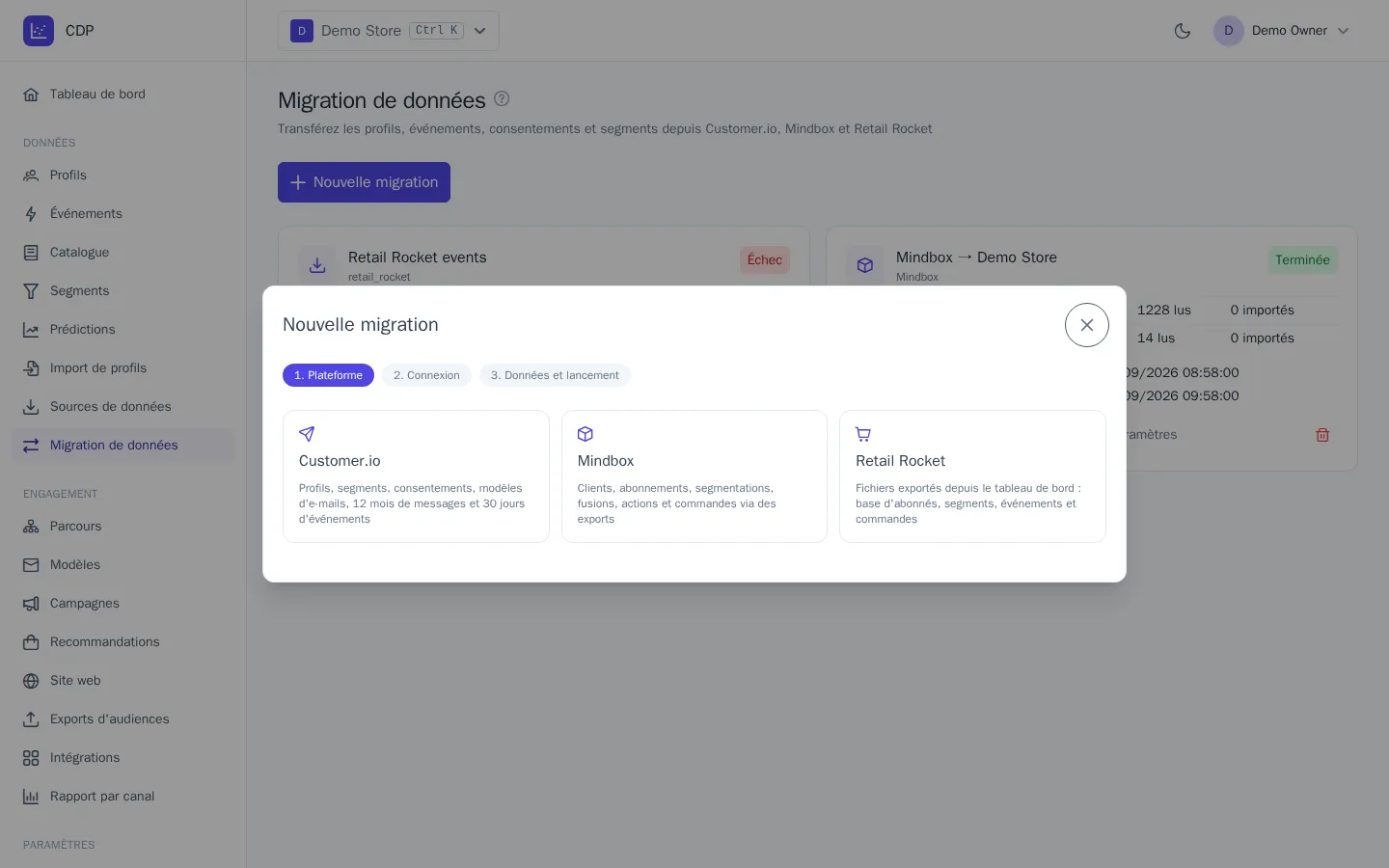 Étape de choix des données dans l'assistant de migration