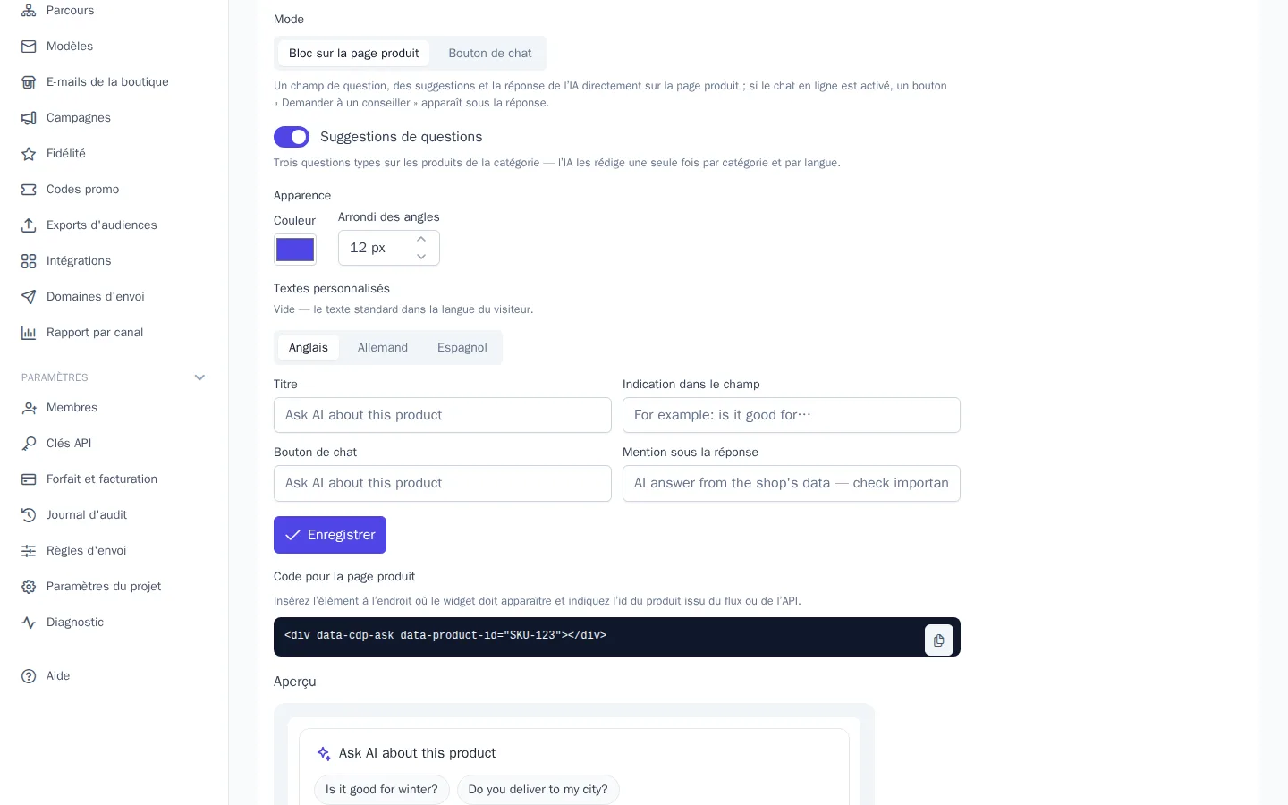 Réglages « Questions produit » : mode, suggestions, apparence et textes