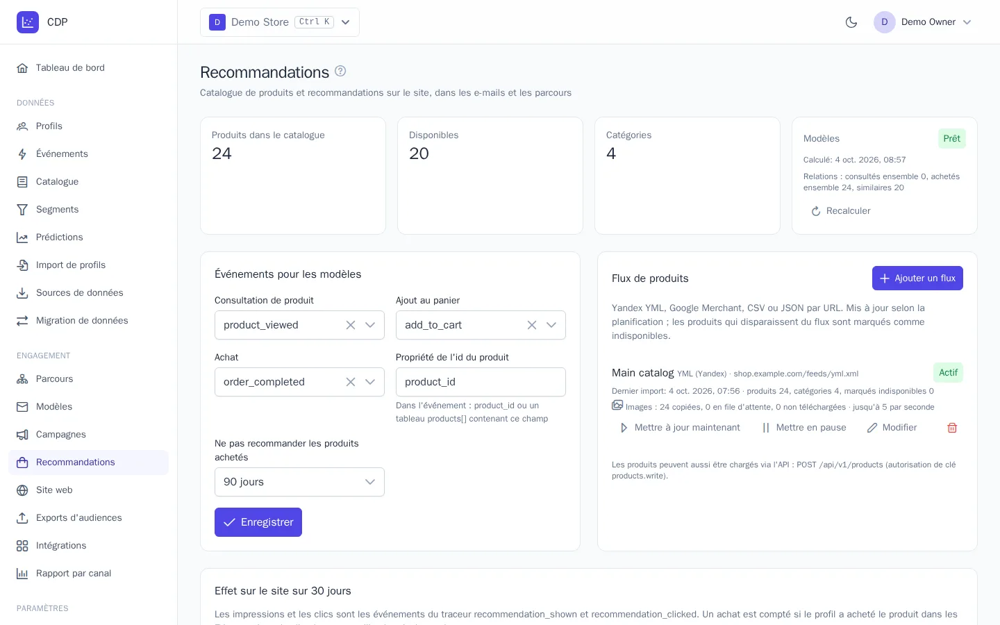 Page « Recommandations » : catalogue, état des modèles et flux