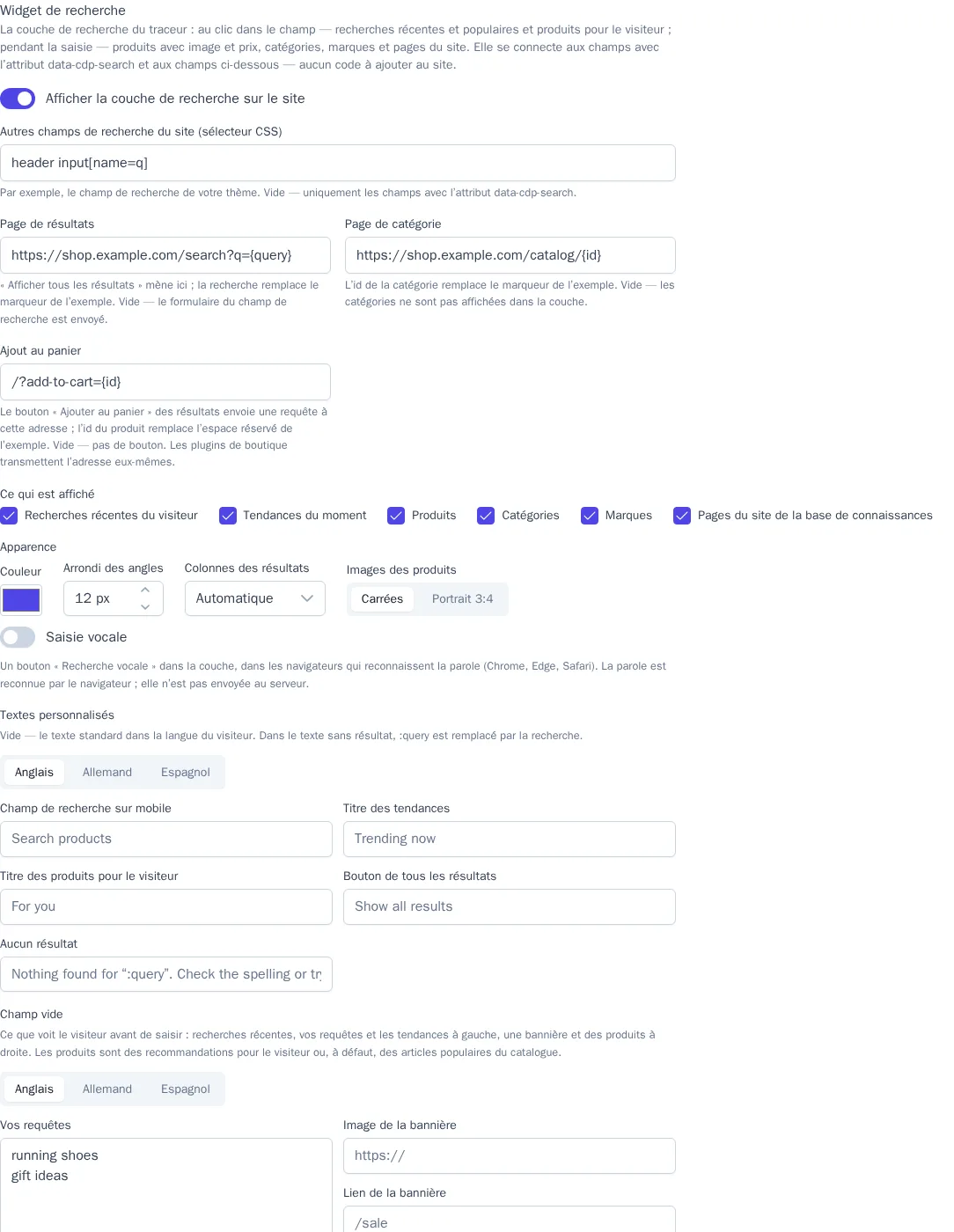 Bloc « Widget de recherche » : champs du site, adresses des pages, blocs de la couche et apparence