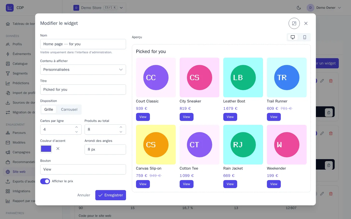 Éditeur de widget avec aperçu