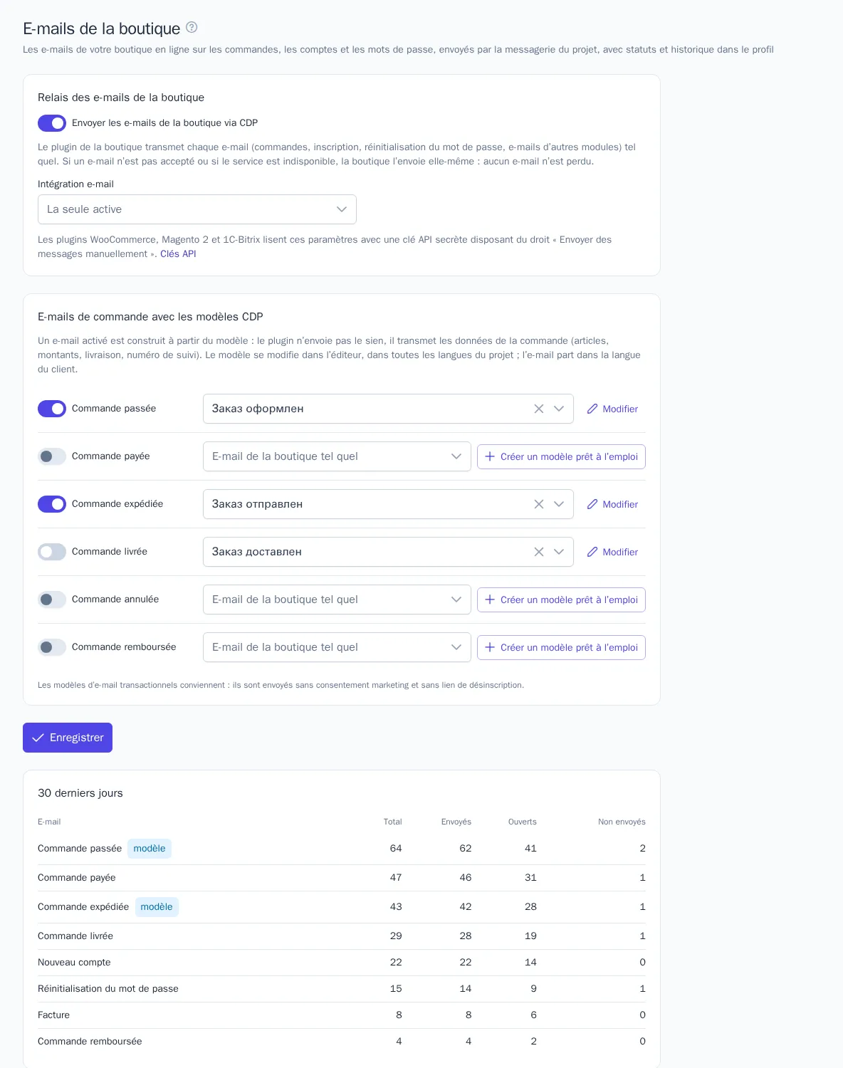 Section « E-mails de la boutique »