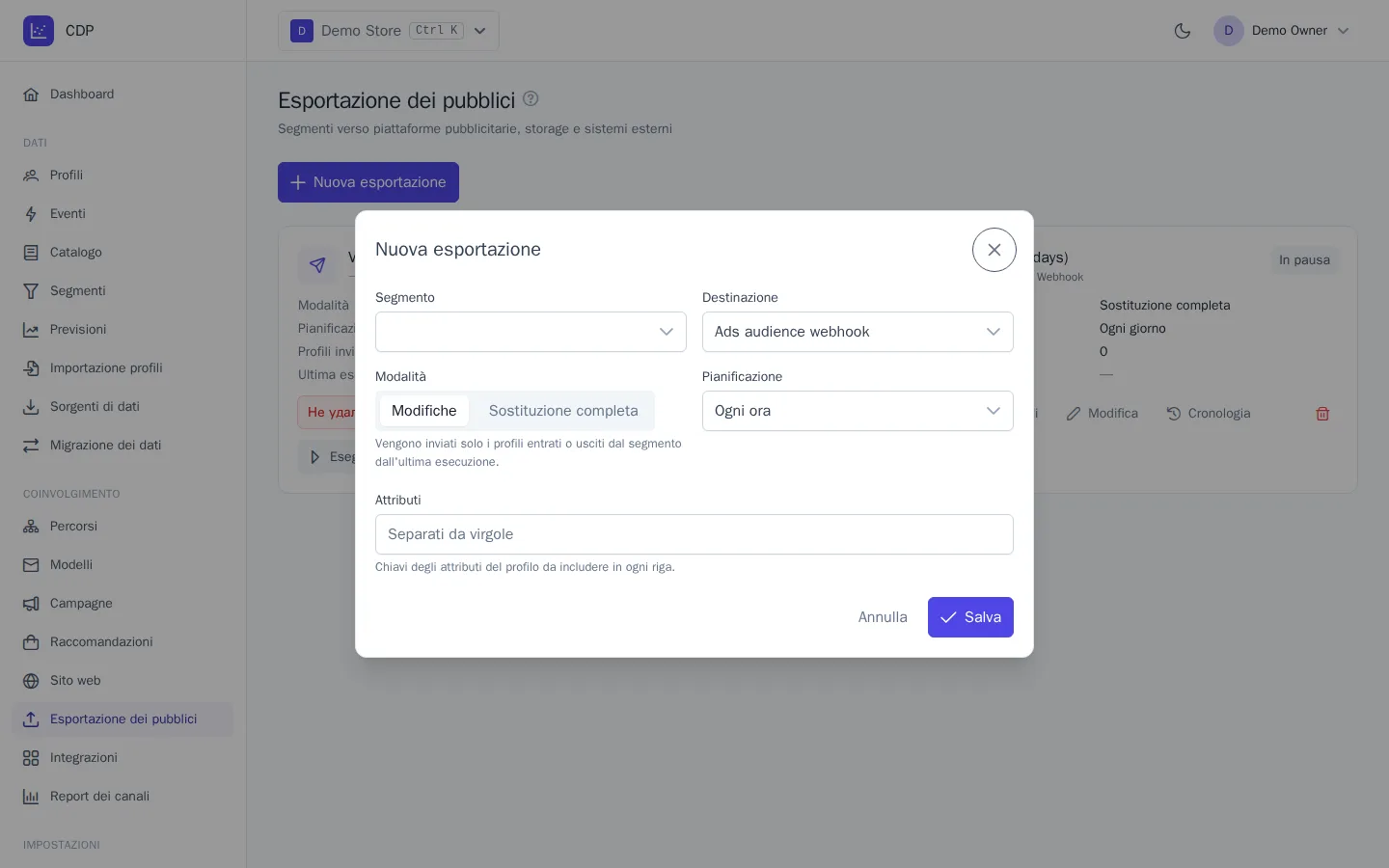 Finestra di creazione di un'esportazione del pubblico