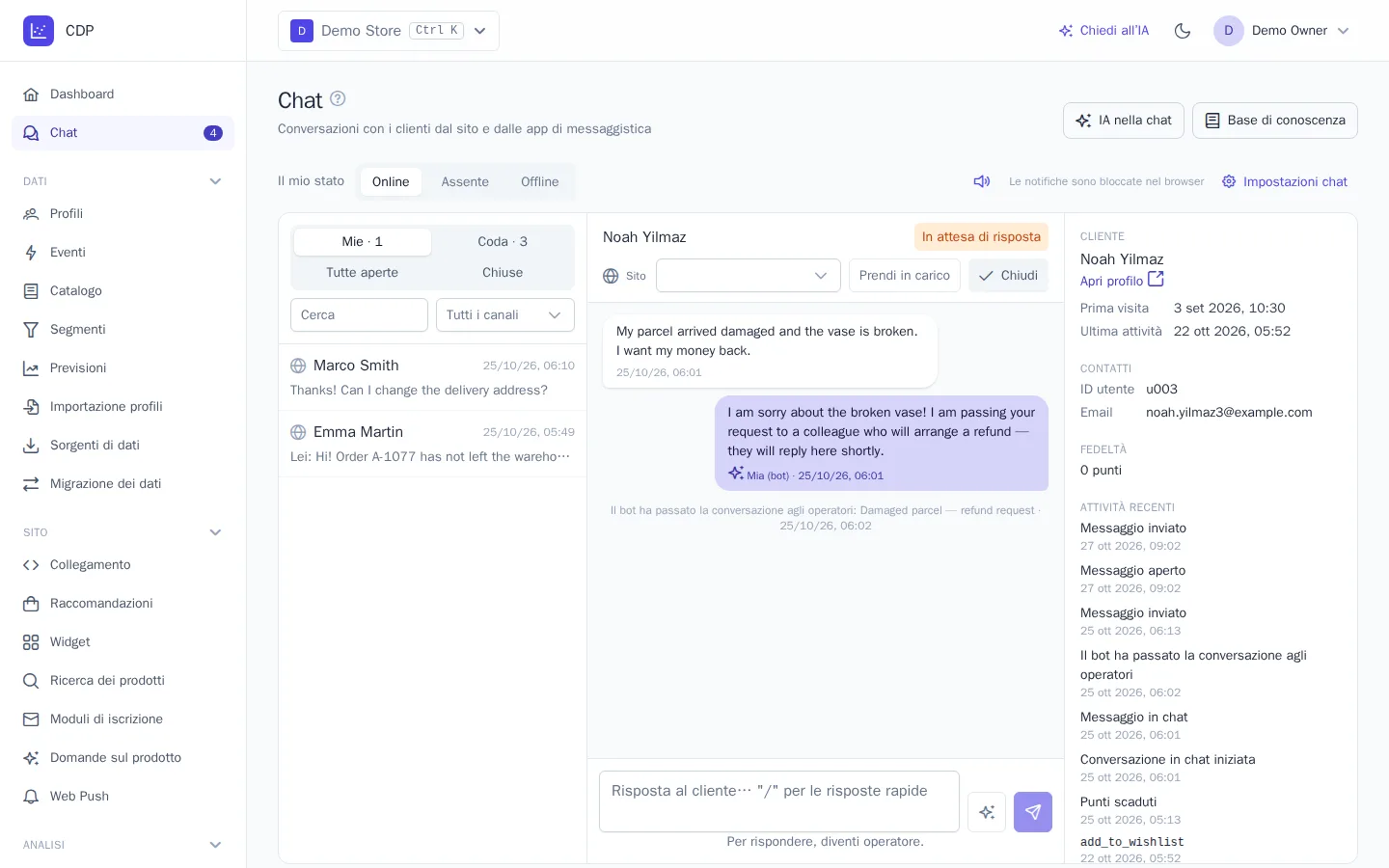 Il bot ha passato la conversazione a un operatore