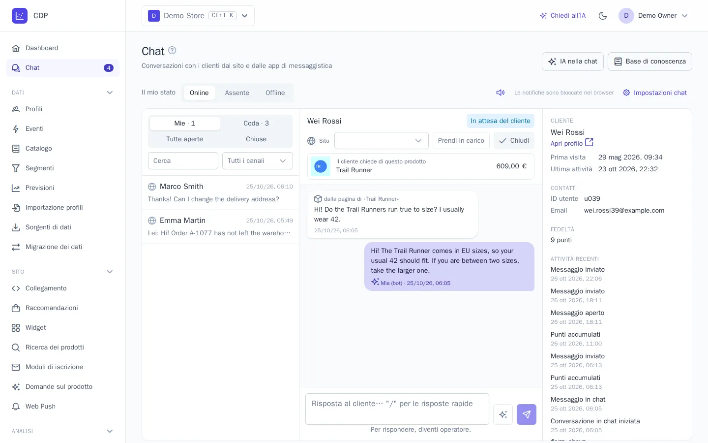 Conversazione con il prodotto nell'intestazione: domanda dalla pagina del prodotto e risposta del bot