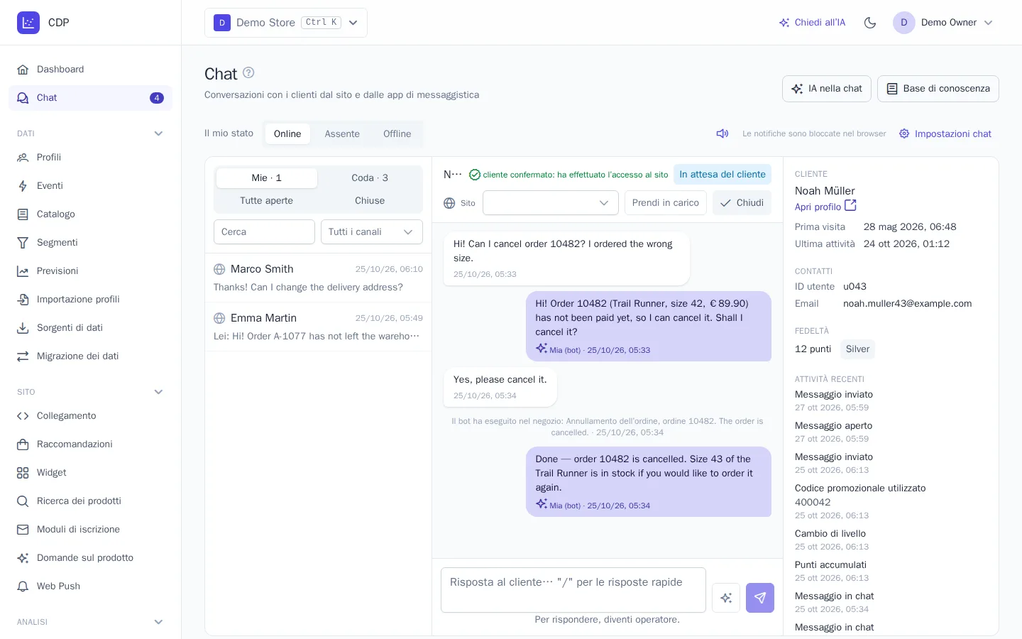 Il bot ha annullato un ordine su richiesta del cliente