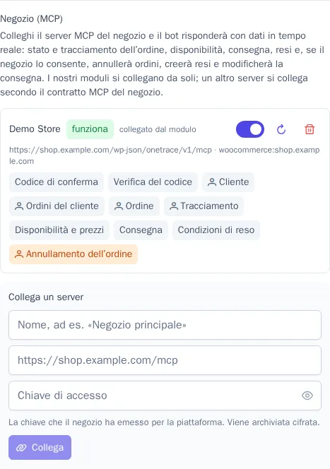 Negozio (MCP) nelle impostazioni del bot