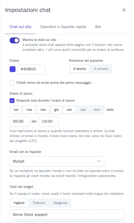Impostazioni della chat sul sito