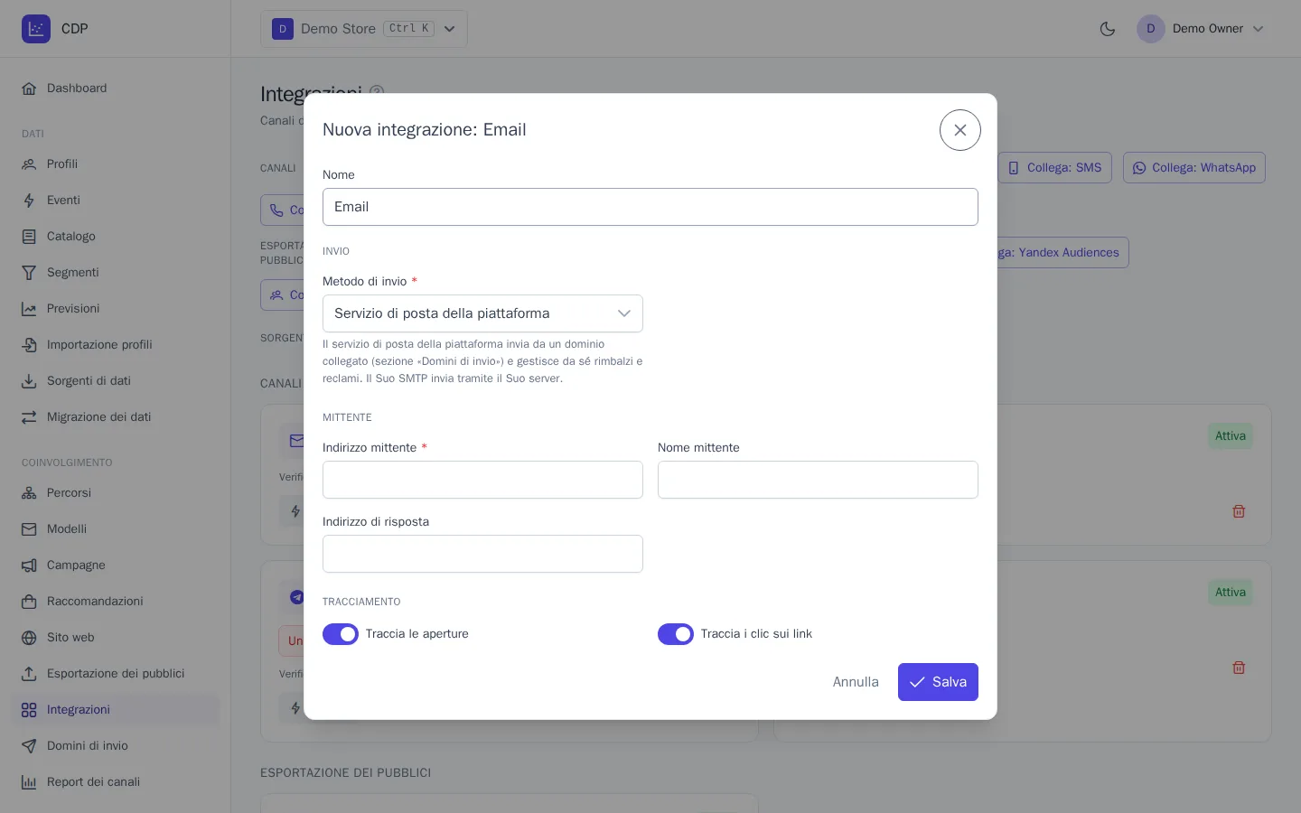 Finestra di collegamento dell'integrazione Email
