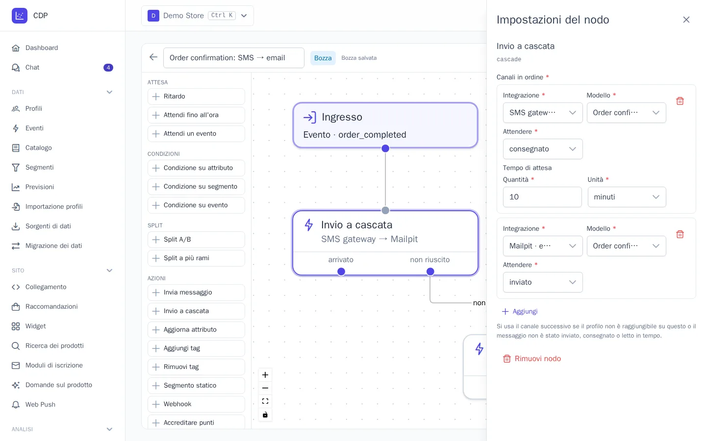 Impostazioni del nodo «Invio a cascata»: SMS e, se non viene consegnato entro 10 minuti, un'email