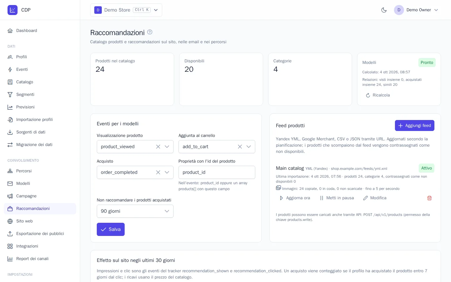 Pagina «Raccomandazioni»: catalogo, stato dei modelli e feed