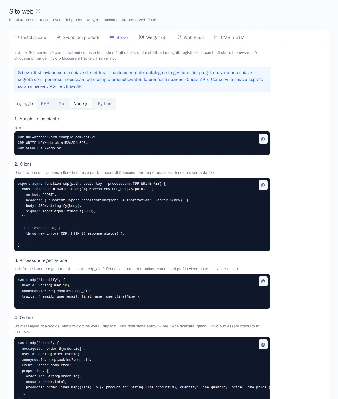 Scheda «Server» con esempi in PHP