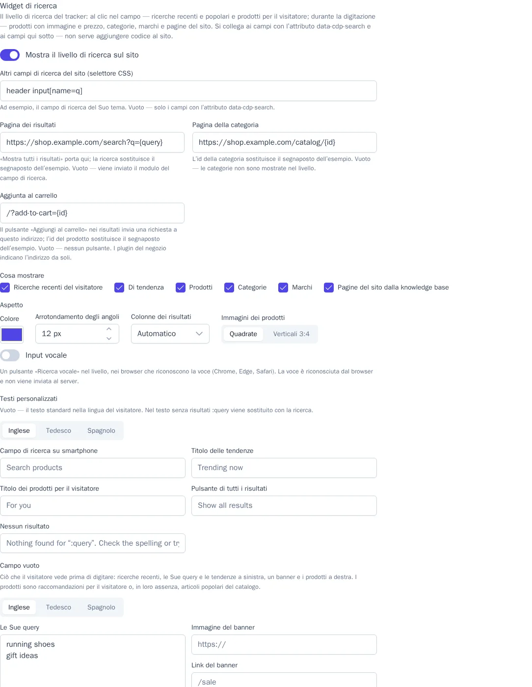 Blocco «Widget di ricerca»: campi del sito, indirizzi delle pagine, blocchi del livello e aspetto