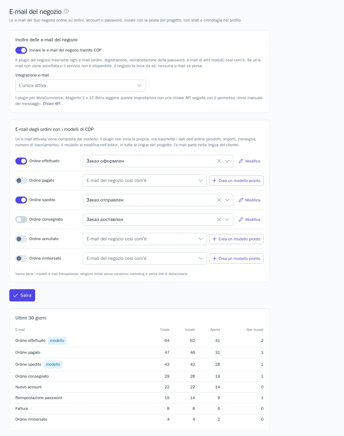 Sezione «E-mail del negozio»
