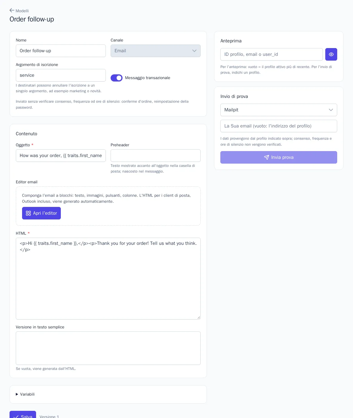 Editor del modello con anteprima su un profilo