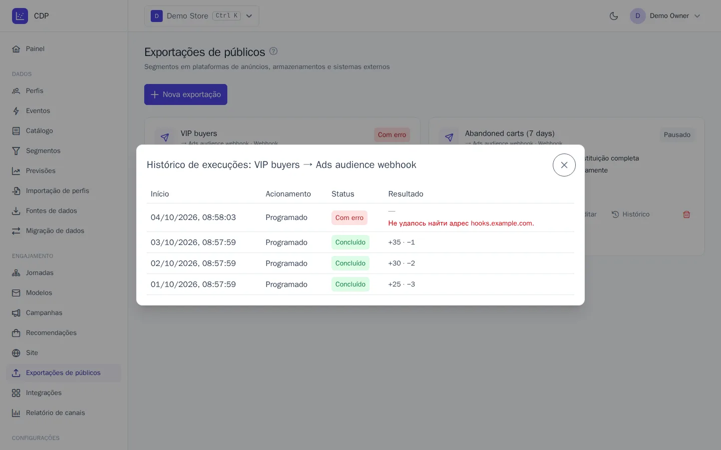 Histórico de execuções da exportação
