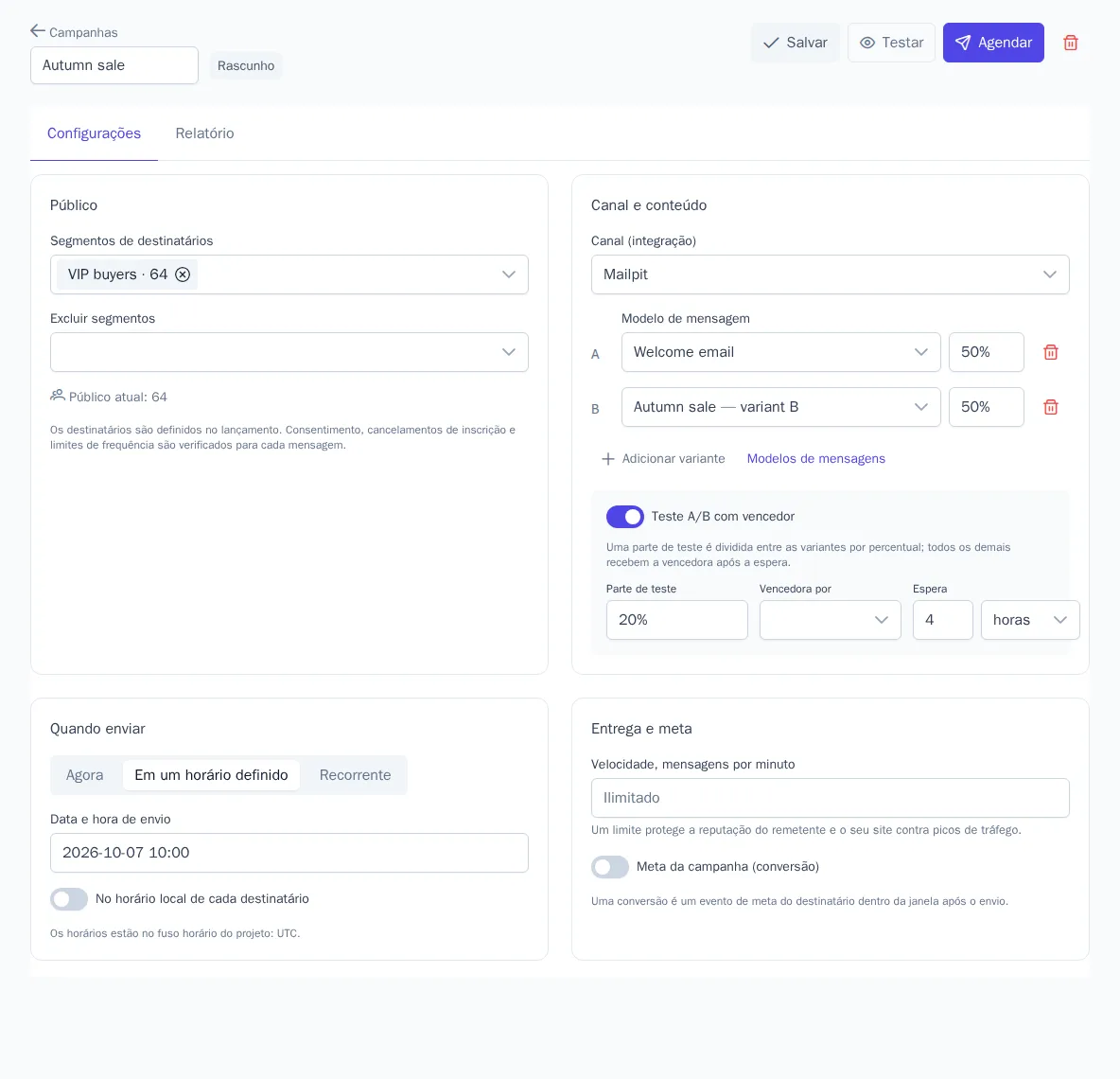 Configurações da campanha com duas variantes e teste A/B
