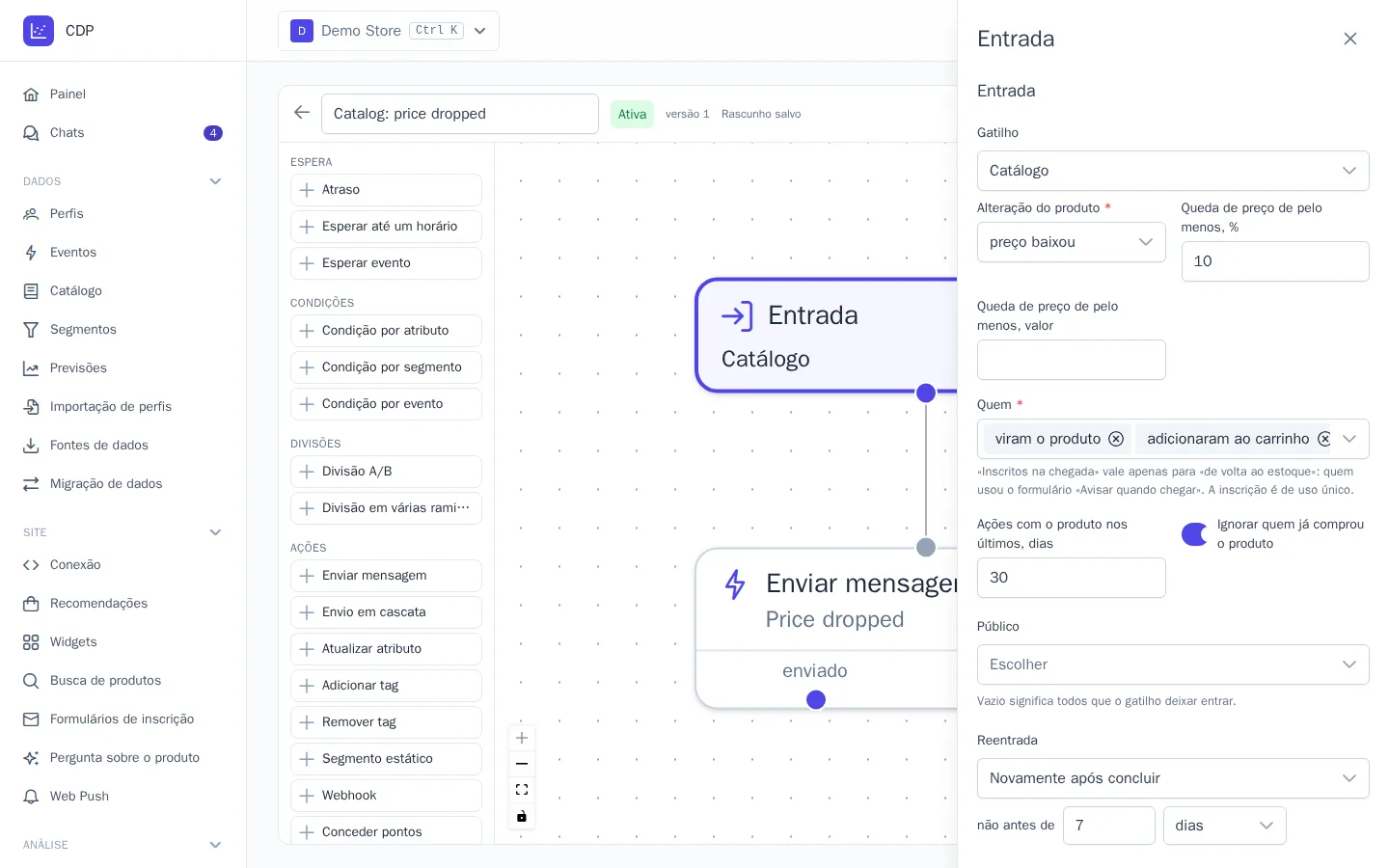 Configurações do gatilho “Catálogo”
