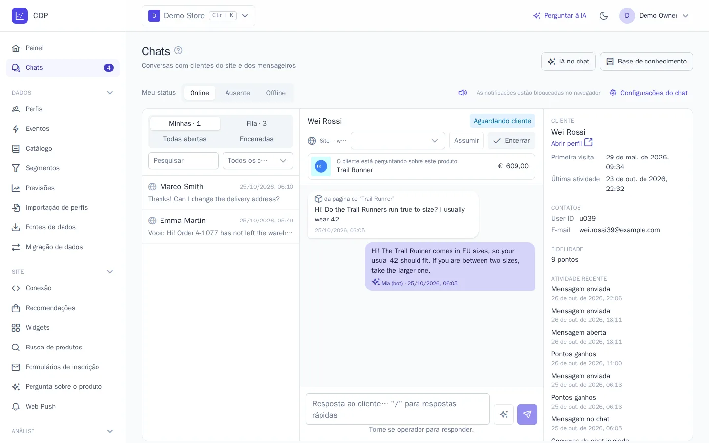 Conversa com o produto no topo: pergunta da página do produto e resposta do bot