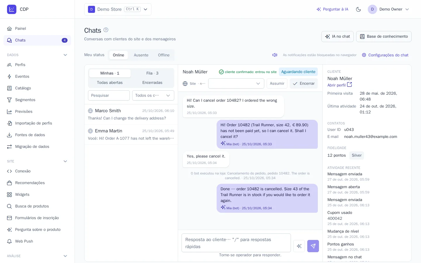 O bot cancelou um pedido a pedido do cliente