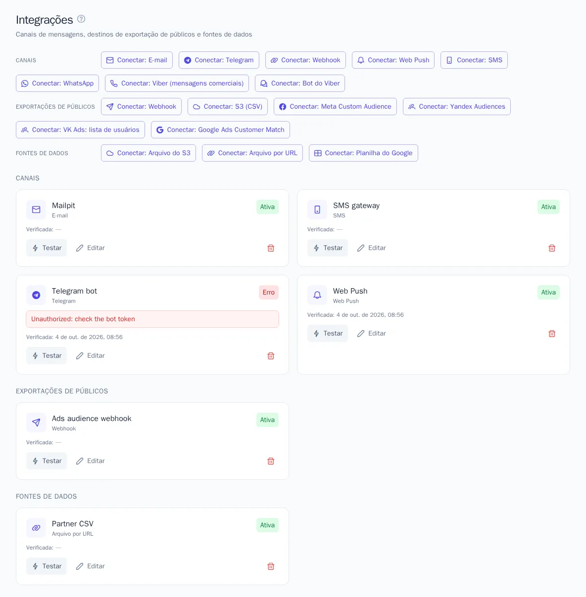 Página “Integrações” com canais conectados