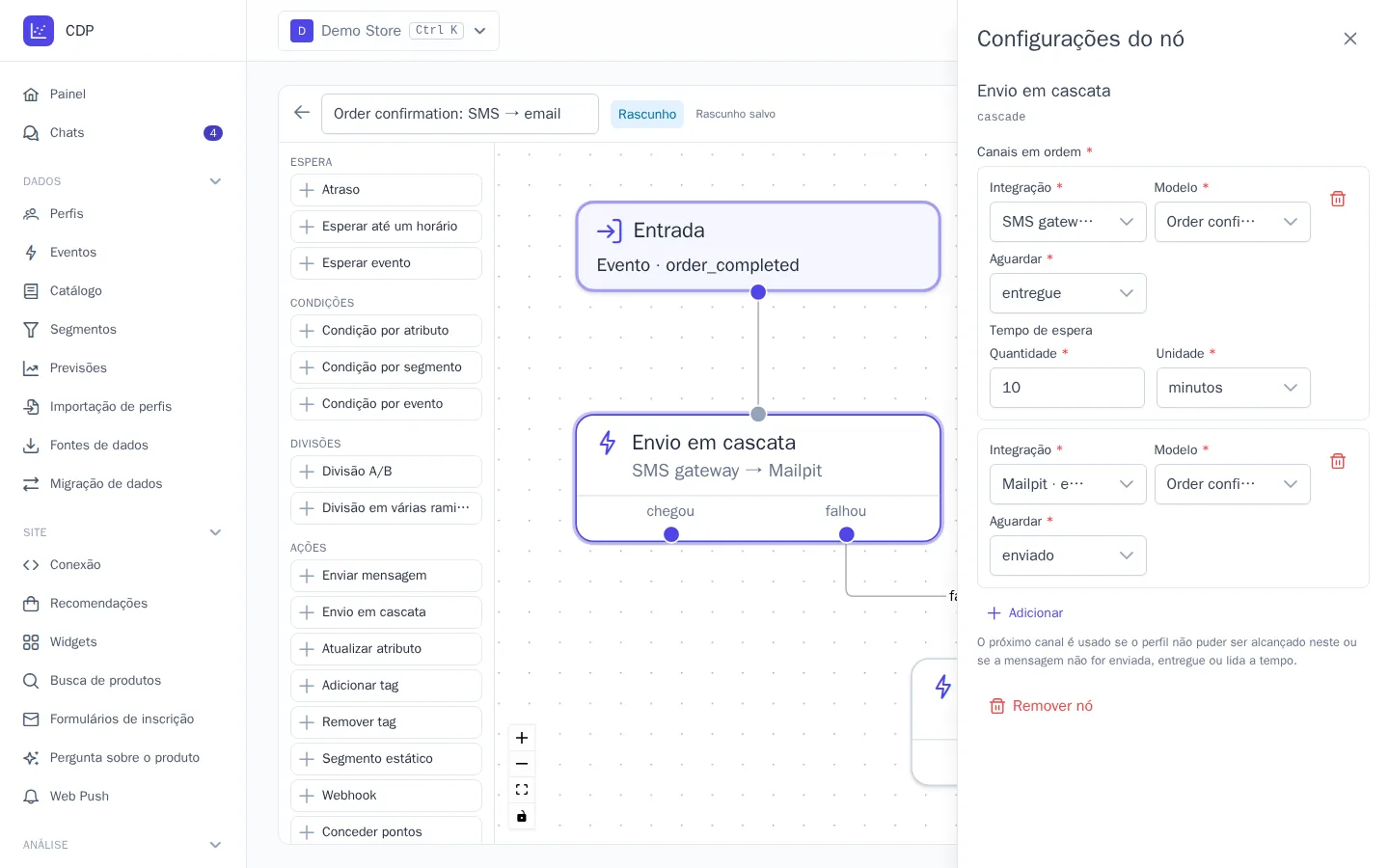 Configurações do nó “Envio em cascata”: SMS e, se não for entregue em 10 minutos, e-mail