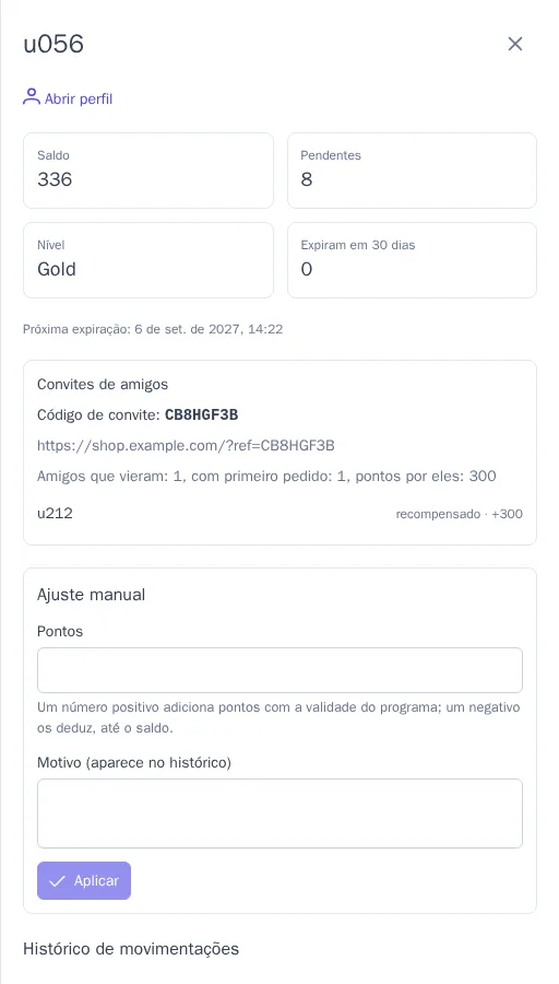 Conta do membro com o histórico de movimentações