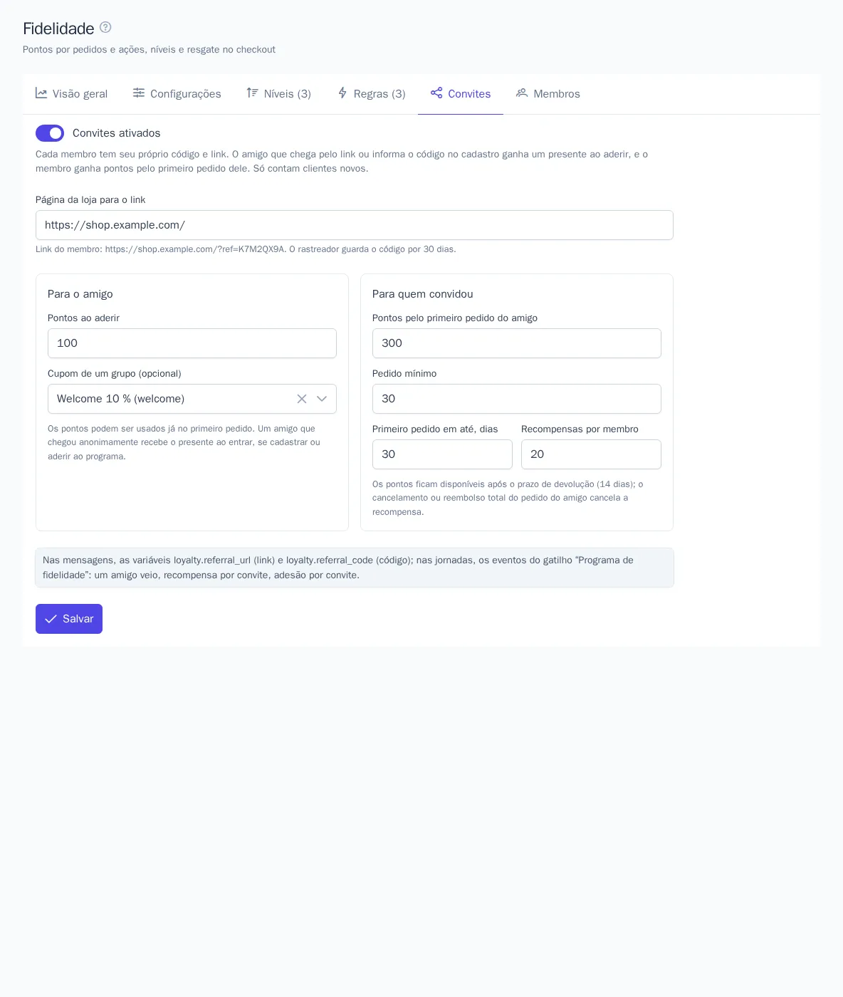 Configurações de convites