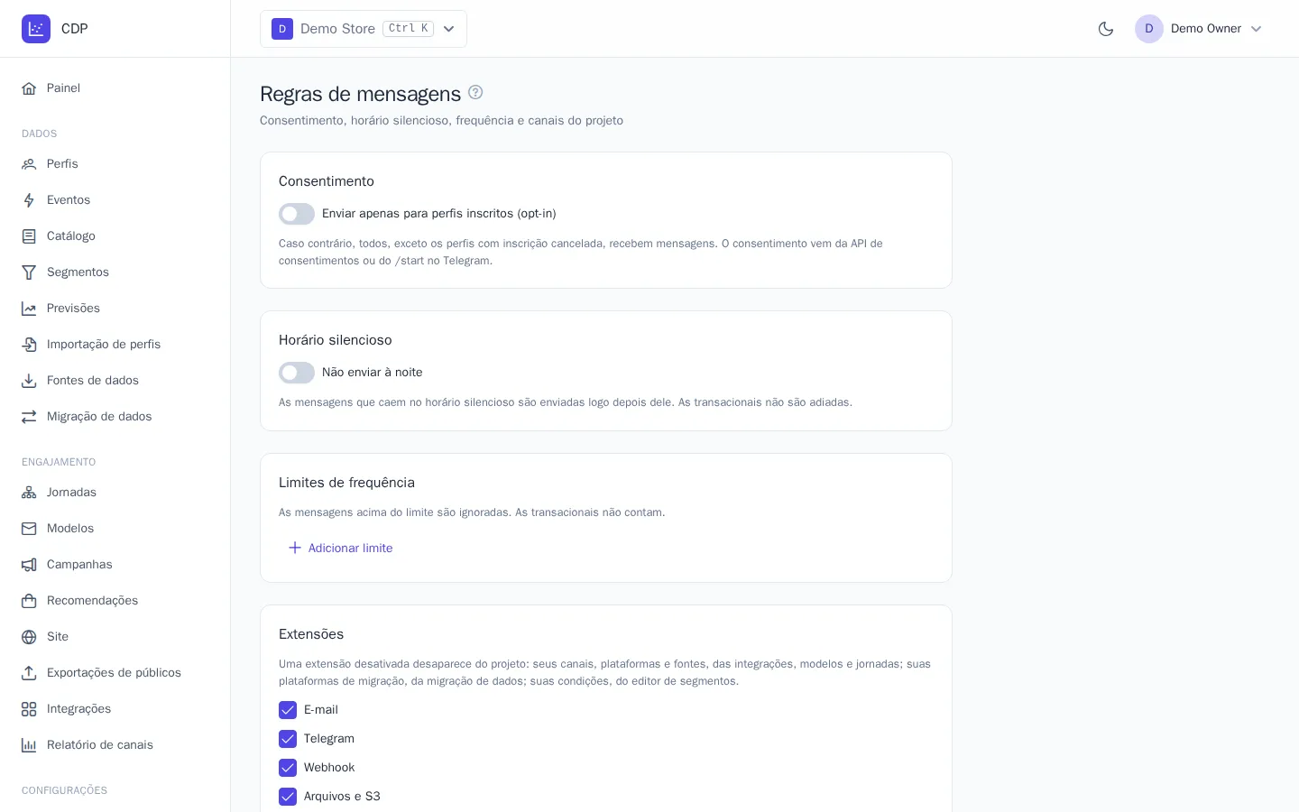 Limites de frequência e horário silencioso