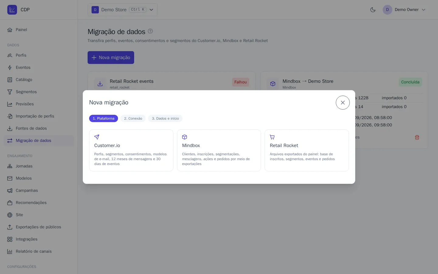 Etapa de escolha de dados no assistente de migração