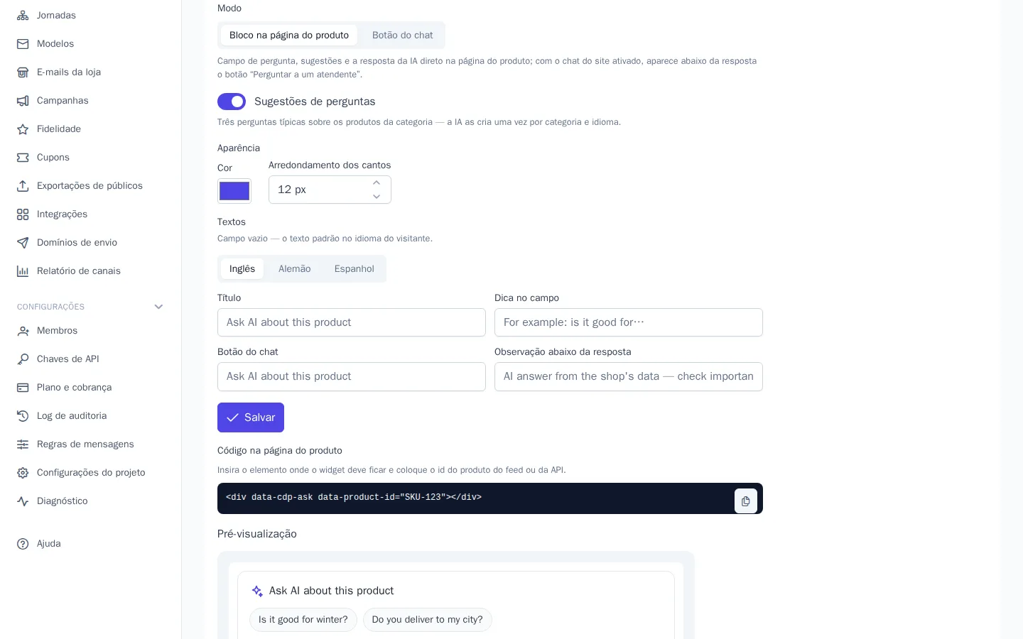 Configurações de “Pergunta sobre o produto”: modo, sugestões, aparência e textos