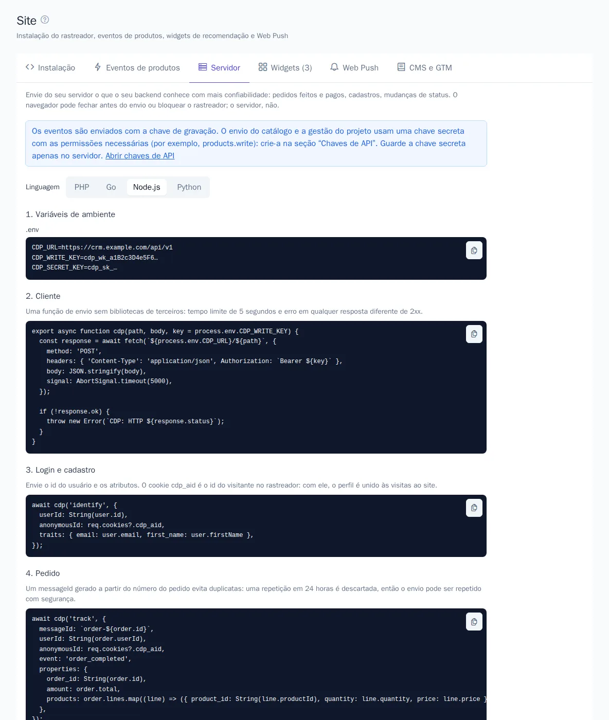 Aba “Servidor” com exemplos em Node.js