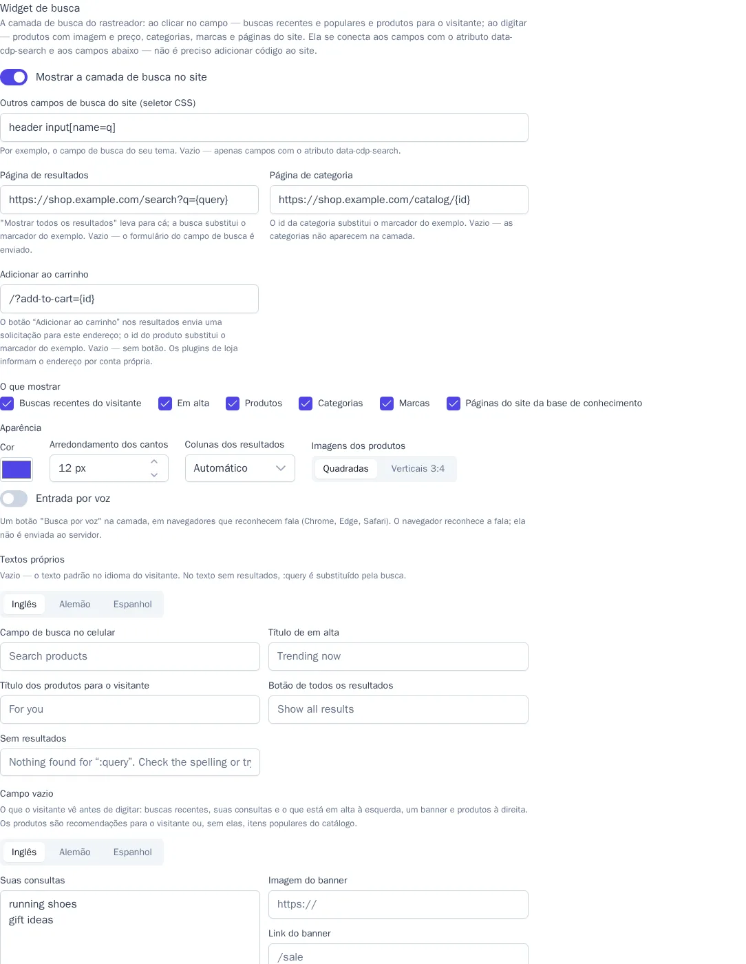 Bloco “Widget de busca”: campos do site, endereços das páginas, blocos da camada e aparência