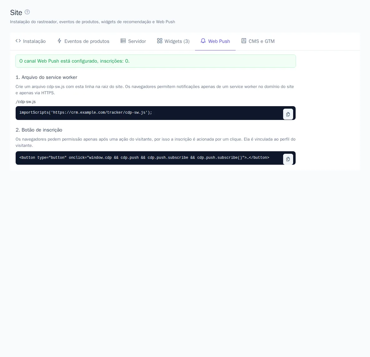 Aba “Web Push”: status do canal e código para o site