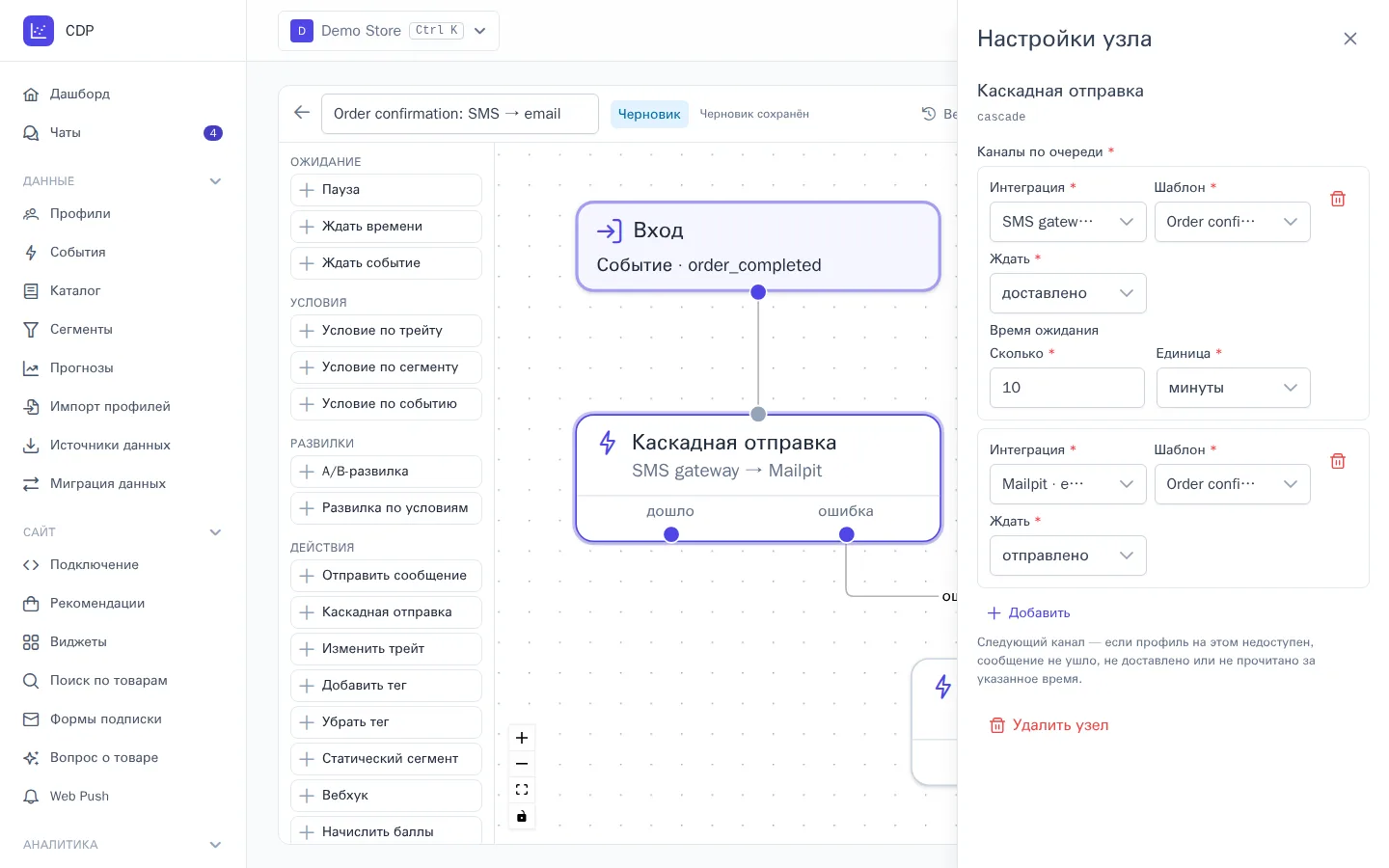 Настройки узла «Каскадная отправка»: SMS, а если не доставлено за 10 минут — письмо