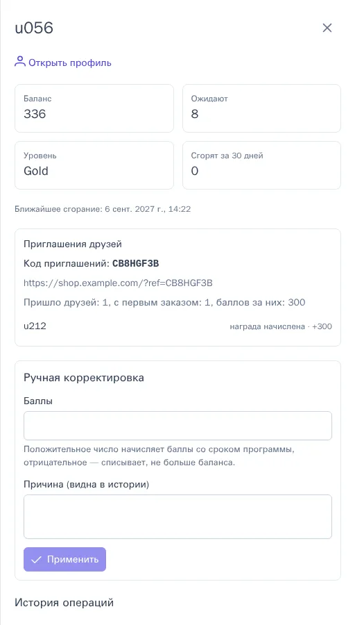 Счёт участника с историей операций