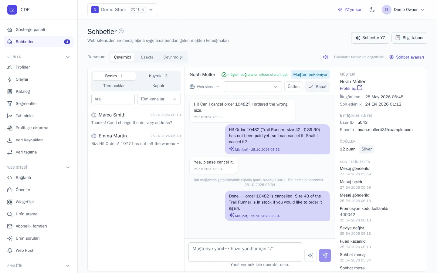 Bot, müşterinin isteği üzerine siparişi iptal etti
