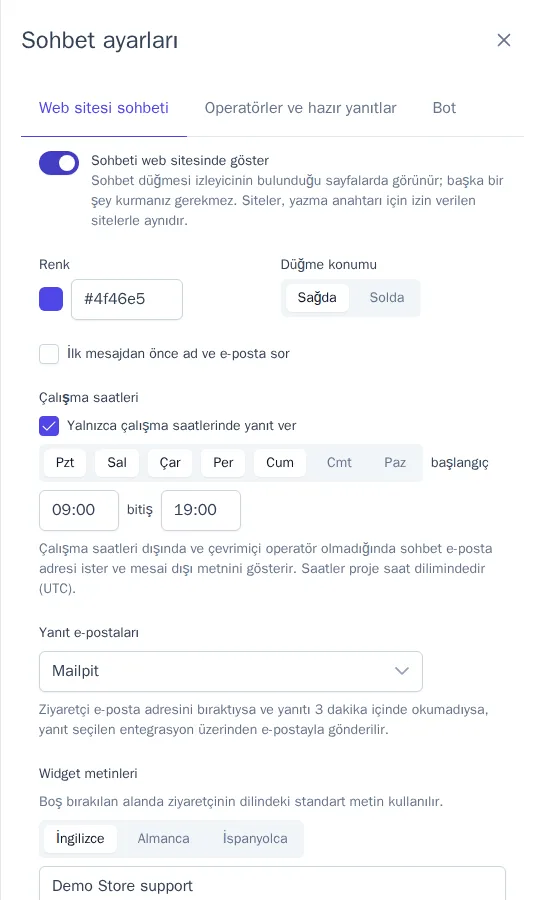 Web sitesi sohbeti ayarları