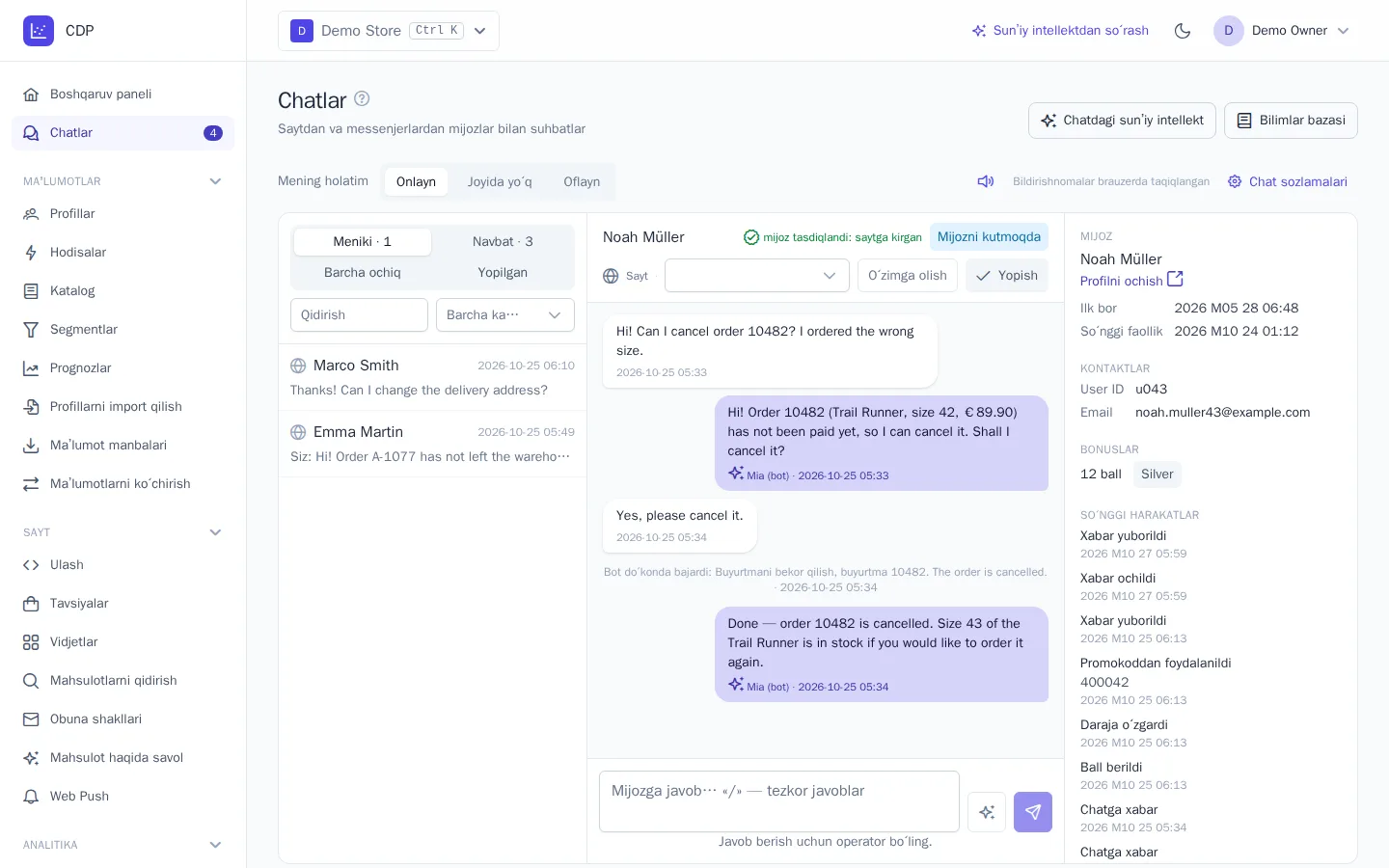 Bot mijozning iltimosi bilan buyurtmani bekor qildi