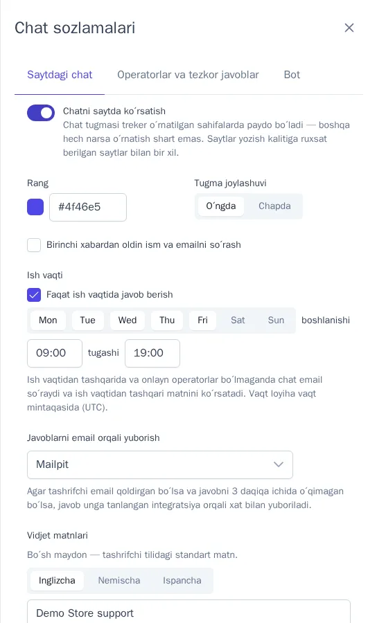 Saytdagi chat sozlamalari