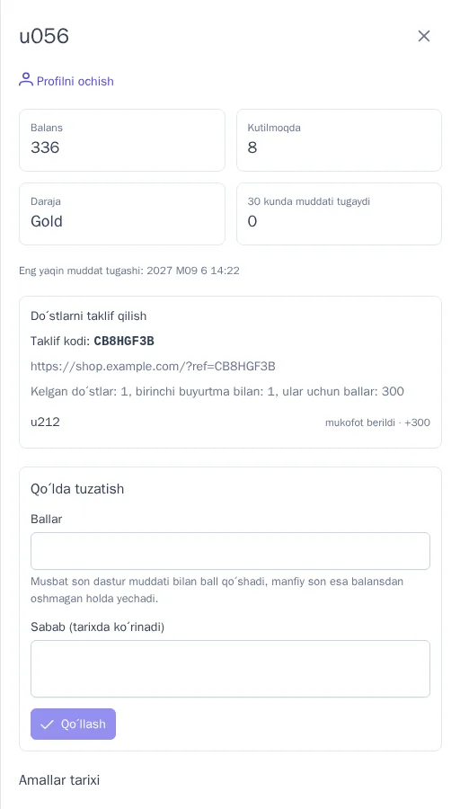 Amallar tarixi bilan ishtirokchi hisobi